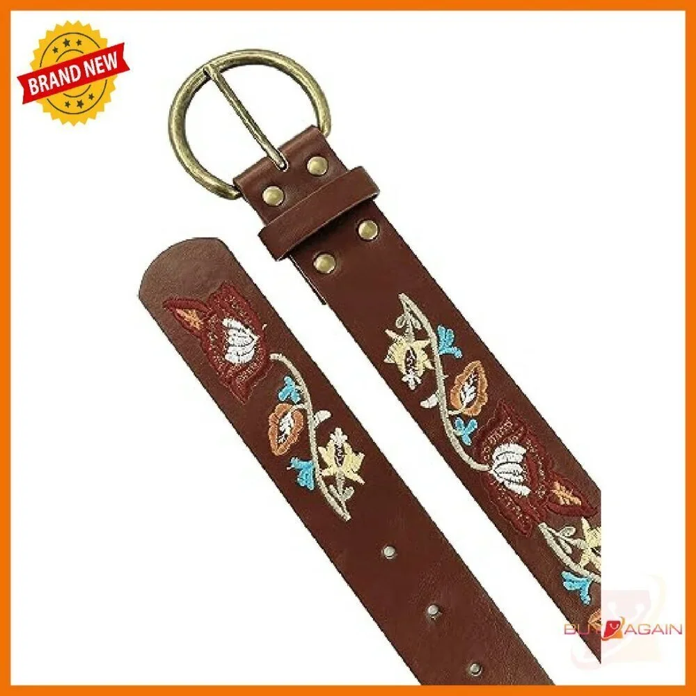 Women's PU Leather Belt with Floral Embroidery, Bronze Buckle, Size S/M